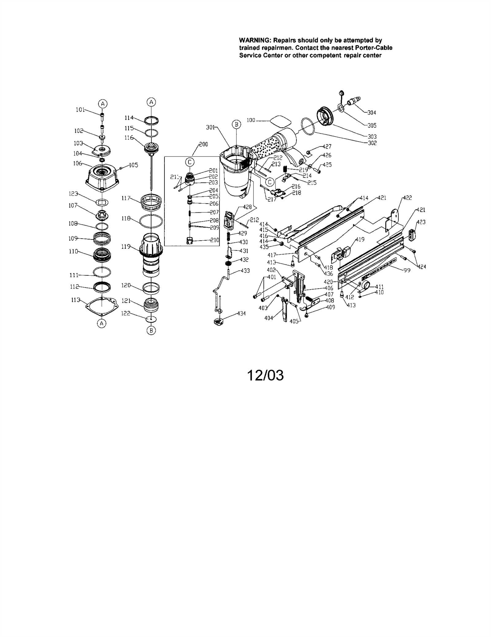 porter cable fn250b parts diagram